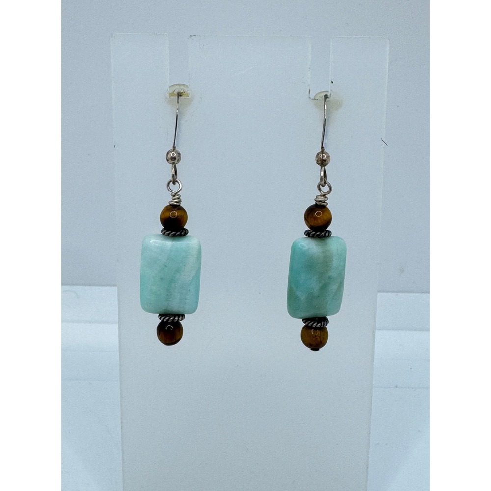 Amazonite and Tiger's Eye Natural Stone Drop Earrings Aqua Brown Boho Handmade